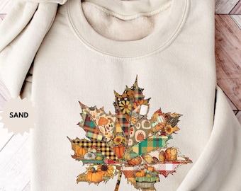 Retro Patchwork Fall Leaf Sweatshirt Autumn Pumpkin Sweater Cozy Women Outfit Not Embroidery