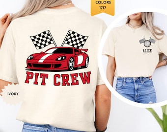Comfort Colorsのカスタムピットクルーシャツ、レースファミリーシャツ、レースカーバースデーTシャツ