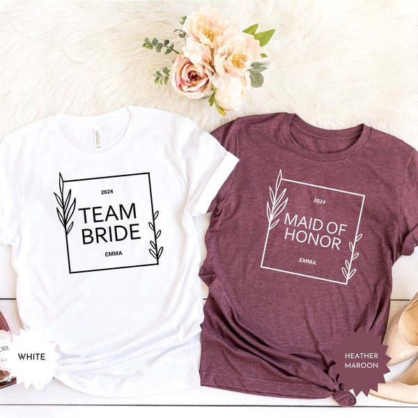 Maid of Honor Team Bride Shirts, Personalized Bachelorette Party Gifts, Custom Bridesmaid Gifts with Name, Floral Bachelorette Tees