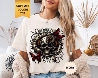 Comfort Colors® Gothic Skeleton Shirt, Beautifully Twisted, Butterfly T-shirt, Floral Skull Shirt, Sunflower Tee, Sunflowers and Butterflies