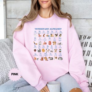 May include: A light pink sweatshirt featuring the text "VETERINARY ALPHABET" and an alphabet chart with animal illustrations. The word "PINK" is displayed in a pink banner at the bottom left.