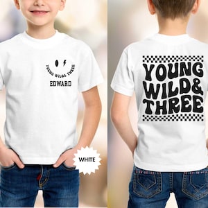 Custom Young Wild and Three, Boys 3rd Third Birthday, Custom Name Kids Shirt, Boy Birthday Shirt, 3rd Birthday Gift Boy, 3 year old Bday Tee