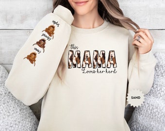 Custom Cow Sweatshirt, Personalized Mom Gifts, Mothers Day Gift, Cow Print Sweatshirt, Grandma Sweater, Farmer Hoodie, Mama Loves Her Herd