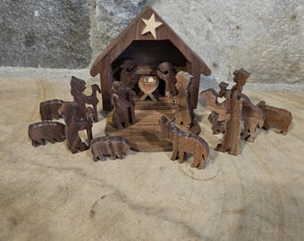 Handmade 17-pc Wooden Manger Nativity Set. Self-contained. Great Christmas Gift!
