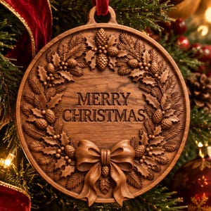 May include: A circular wooden Christmas ornament featuring a carved wreath design with pinecones, holly leaves, and a central bow. The text MERRY CHRISTMAS is engraved in the center of the wood. A red velvet ribbon is attached to the top loop.