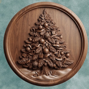 May include: A circular wooden wall plaque featuring a detailed 3D relief carving of a decorated Christmas tree. The tree is adorned with spherical ornaments, ribbons, and small gift boxes. The text "DIGITAL DOWNLOAD" and "CNC ROUTER READY" appear in the corners.