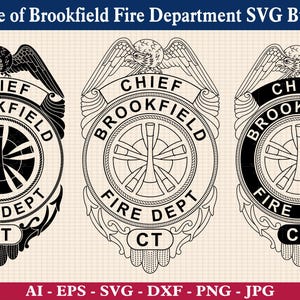May include: Three black and white badge designs for a fire department. Each badge features a stylized eagle with wings spread, a circle with the text "CHIEF" and "BROOKFIELD FIRE DEPT CT" and a stylized wheel with spokes.