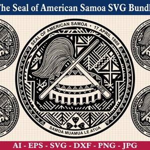 May include: Black and white vector illustration of the Seal of American Samoa. The seal features a traditional Samoan design with a feathered headdress, crossed spears, and a drum. The text "SEAL OF AMERICAN SAMOA 17 APRIL 1900" and "SAMOA MUAMUA LE ATUA" are included in the design.