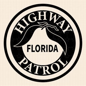 May include: Black and white circular emblem with the text "HIGHWAY PATROL FLORIDA" in a white circle with a stylized palm tree leaf design.