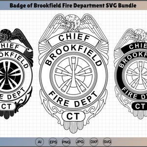 Może przedstawiać: Trzy czarno-białe odznaki Straży Pożarnej w Brookfield. Każda odznaka zawiera orła, napisy "CHIEF", "BROOKFIELD", "FIRE DEPT" i "CT" oraz centralny emblemat.