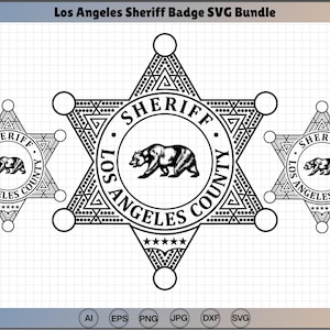 May include: Black and white Los Angeles Sheriff badge SVG bundle. The design features three star-shaped badges with the words "SHERIFF" and "LOS ANGELES COUNTY" and a bear graphic.