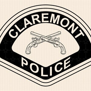 May include: Black and white illustration of a police badge with the words "Claremont Police" and two crossed pistols.