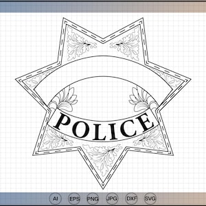 May include: A black and white line art illustration of a six-pointed star-shaped police badge. The design features intricate scrollwork patterns and a central banner with the word POLICE printed in bold, capitalized, black sans-serif letters.