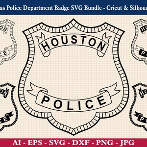 May include: A set of five black and white SVG cut files for a Houston Police Department badge. The badge is a shield shape with the words "Houston" and "Police" on it. The files are for use with Cricut and Silhouette cutting machines.