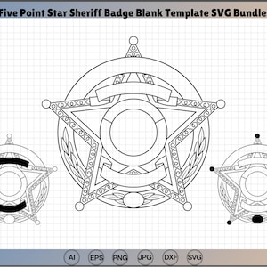 Può includere: Disegno a tratto nero e bianco di un modello di distintivo da sceriffo a stella a cinque punte. Il design include una stella centrale, un cerchio circostante e uno striscione per il testo. L'immagine include anche due varianti di distintivo più piccole e icone di tipo di file.