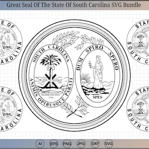 May include: Black and white SVG bundle featuring the Great Seal of the State of South Carolina. The design includes the state seal with the text "South Carolina" and the motto "Dum Spiro Spero". Additional circular seals are also included.