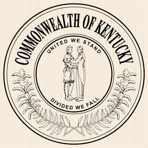 Könnte beinhalten: Schwarzweiß-Illustration des offiziellen Siegels des Commonwealth of Kentucky. Das Siegel zeigt zwei Männer, die sich die Hände schütteln, mit dem Text "Commonwealth of Kentucky" oben, "United We Stand, Divided We Fall" unten und "We Stand" über den Männern.