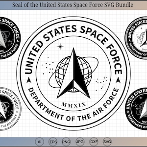 Puede incluir: Paquete SVG en blanco y negro con el Sello de la Fuerza Espacial de los Estados Unidos. El diseño incluye las palabras "United States Space Force" y "Department of the Air Force" alrededor de un emblema central con un globo y una flecha. También se incluye el año "MMXIX".