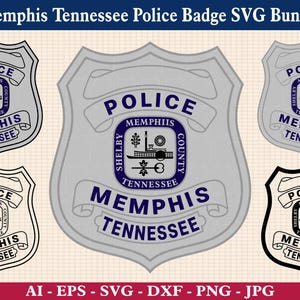 May include: Four different versions of a Memphis Tennessee Police badge. The badges are silver, black, and white. Each badge features the words "Police", "Memphis", and "Tennessee" along with a small graphic of a building and a boat.