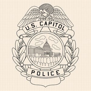 May include: A black and white illustration of a U.S. Capitol Police badge. The badge features a star with a depiction of the U.S. Capitol building inside. The words "U.S. CAPITOL POLICE" are written on the badge.