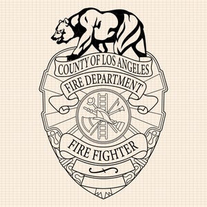 May include: Black and white illustration of a badge with a bear, a fire helmet, an axe, a ladder, and the text "County of Los Angeles Fire Department Fire Fighter".