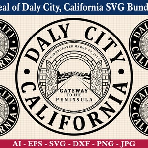 May include: Black and white vector graphic design of the official seal of Daly City, California. The seal features an archway with the text "Gateway to the Peninsula" and "Incorporated March 22, 1911".