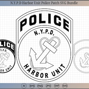 Könnte beinhalten: Schwarz-weiße Vektorgrafik von drei Polizeiabzeichen der NYPD Harbor Unit. Die Abzeichen zeigen das Wort "POLICE" oben, "N.Y.P.D." in der Mitte und ein Ankerdesign. Der Text "HARBOR UNIT" befindet sich unten.