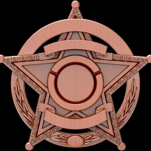Può includere: Un distintivo a forma di stella da sceriffo di colore rame con un design a stella a cinque punte e un centro circolare. La stella ha un bordo decorativo e un design a corona di alloro attorno al bordo esterno.