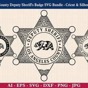Puede incluir: Ilustración vectorial en blanco y negro de una insignia del Sheriff del condado de Los Ángeles. La insignia presenta una estrella de cinco puntas con un círculo en el centro. El círculo contiene las palabras "DEPUTY SHERIFF" y "LOS ANGELES COUNTY" alrededor de una silueta de oso.