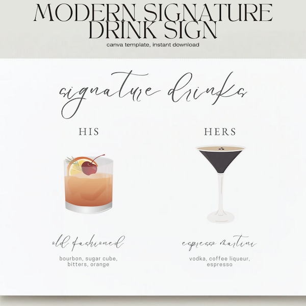 Signature Drinks Wedding Template, Instant Download Canva Template, Espresso Martini and Old Fashioned Signature Drinks, for Modern Wedding