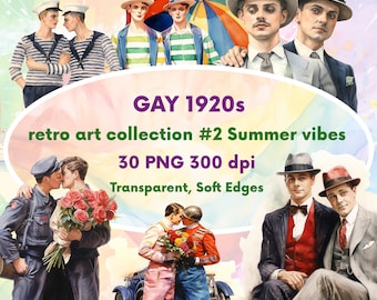Paquete de arte de verano de pares retro gay de la década de 1920, ilustraciones de orgullo de imágenes LGBTQ, parejas de hombres enamorados, amor de niños, PNG transparente, descarga instantánea