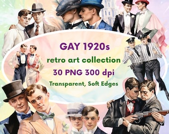 Paquete de arte de pares retro gay de la década de 1920, imágenes LGBTQ, ilustraciones del orgullo, parejas de hombres enamorados, amor de niños, PNG transparente, descarga instantánea