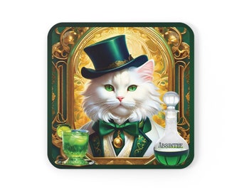 Corkwood Coaster Set - Victorian white cat - Absinthe