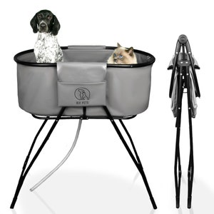 May include: A grey portable pet bath tub with a black metal frame and a white hose. The tub has a black logo that says "BIF PETS". A dog and a cat are sitting in the tub.