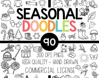 Seasonal Doodle Clipart - Black and White Outline and Line Art Clipart - Fall, Winter, Spring & Summer Clipart - Commercial License Included