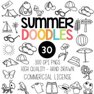 Summer Doodle Clipart - Black and White Outline and Line Art Clipart - Seasonal Clipart - Commercial License Included