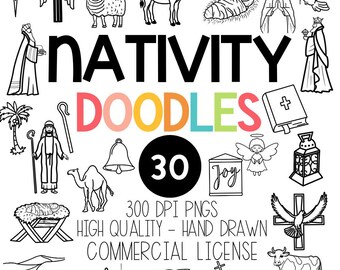 Nativity - Black and White Outline and Doodle Line Art Clipart, Religious Christmas, Hand Drawn Christian Images - Commercial License