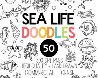 Sea Life Doodles - Black and White Outline and Line Art Clipart, Hand Drawn Ocean Life - Commercial License Included