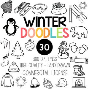 Winter Doodle Clipart - Black and White Outline and Line Art Clipart - Seasonal Clipart - Commercial License Included