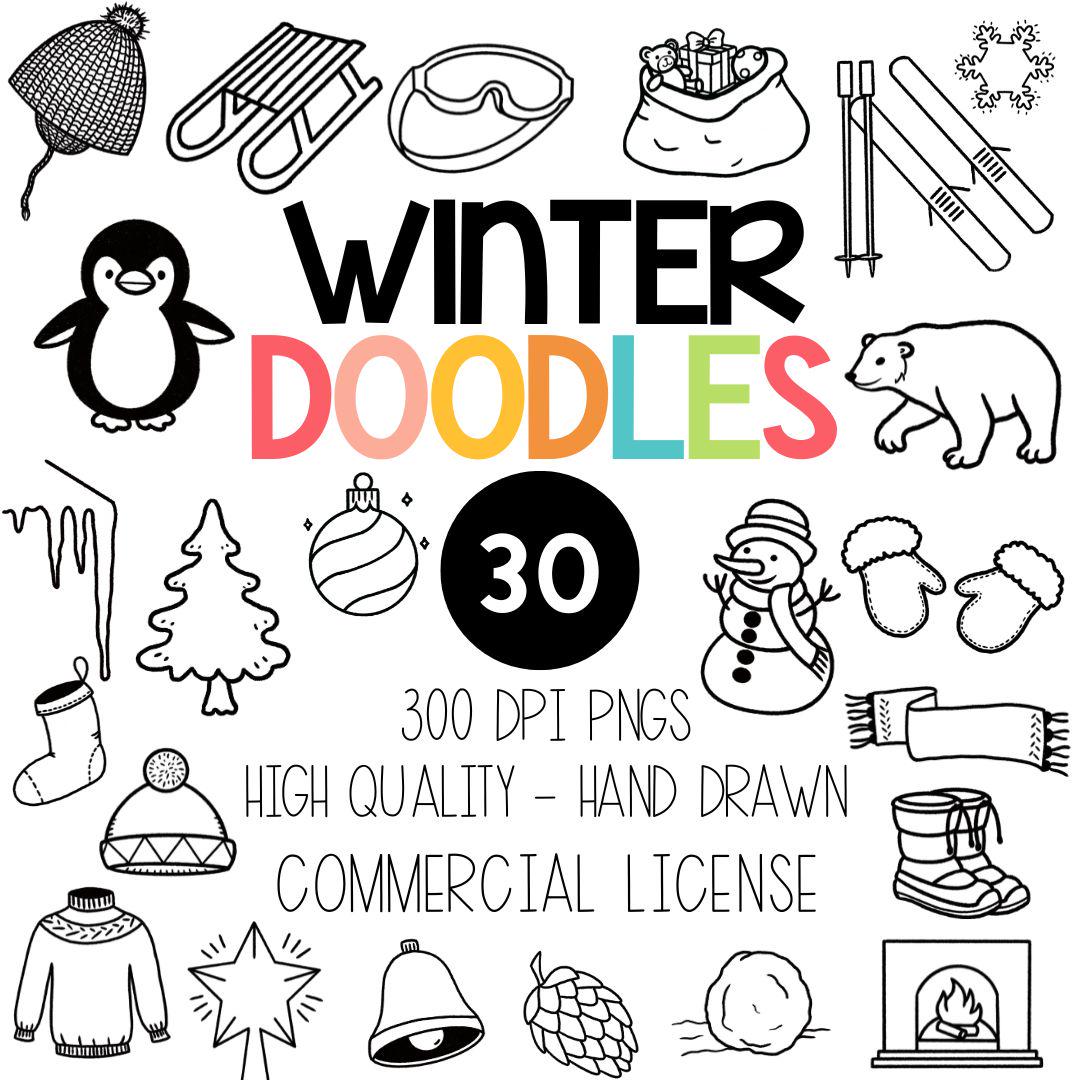 Winter Doodle Clipart - Black and White Outline and Line Art Clipart - Seasonal Clipart - Commercial License Included