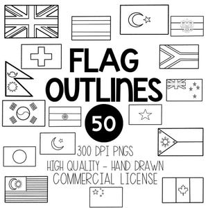 May include: A set of 50 black and white flag outlines, including the flags of the United Kingdom, Turkey, Russia, Switzerland, Nepal, South Korea, India, the United States, Malaysia, the Philippines, and Canada. The text "FLAG OUTLINES 50" is in the center of the image. The text "300 DPI PNGS HIGH QUALITY - HAND DRAWN COMMERCIAL LICENSE" is at the bottom of the image.