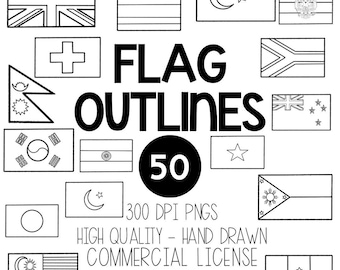 Country Flags Outlines, 50 Countries - Black and White Outline and Line Art Clipart - Commercial License Included