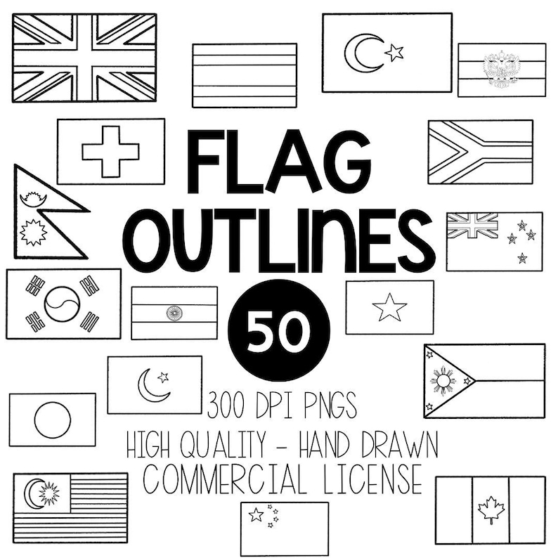 Country Flags Outlines, 50 Countries - Black and White Outline and Line