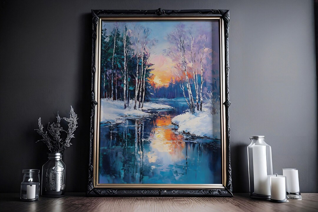 Scenic Winter Landscape Oil Painting, Snowy Forest Sunset Wall Art ...