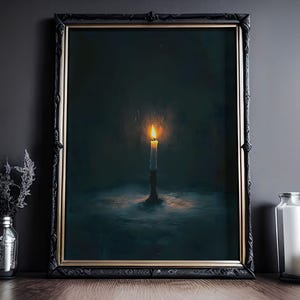Dark Minimalist Candle Oil Painting, Witchy Warm Glowing Candlelight Wall Art, Atmospheric Moody Somber Portrait, Gothic Alternative Artwork