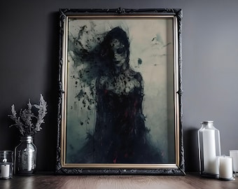 Puede incluir: Impresión artística enmarcada que representa una figura oscura y espectral. La obra utiliza tonos negros y rojos con un efecto desgastado. El marco negro tiene detalles dorados. Velas y un jarrón sobre una superficie de madera.