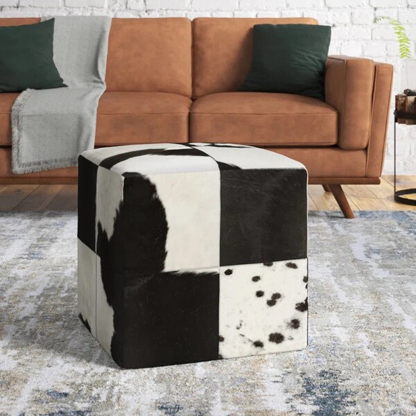 Genuine Cowhide Square Pouf Ottoman Foot Stool