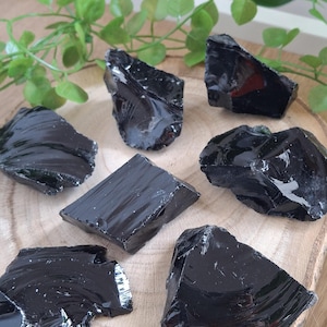 Può includere: Una collezione di sette pietre di ossidiana nera grezza, ognuna con una forma irregolare unica. Le pietre sono disposte su una fetta di legno naturale, con rametti di foglie verdi sullo sfondo. L'ossidiana ha una superficie lucida e riflettente.