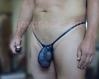 4D Thong Push Out See Thru Men Bulge Thong -Metallic Black Teal Mesh - Handmade in UK