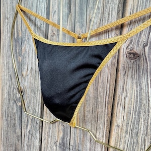jovanadesign Mens Feminising String, Black Solid/Old Gold Seamless Mini Tanga Men Suit, Swimwear, Underwear -Handmade in UK